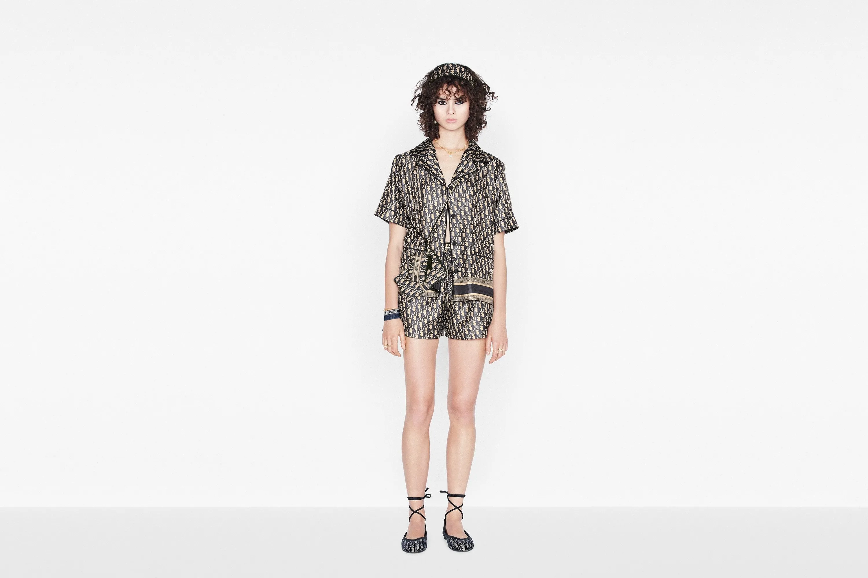Short-Sleeved Pajama Jacket • Navy Blue and White Silk Twill with Dior Oblique Motif