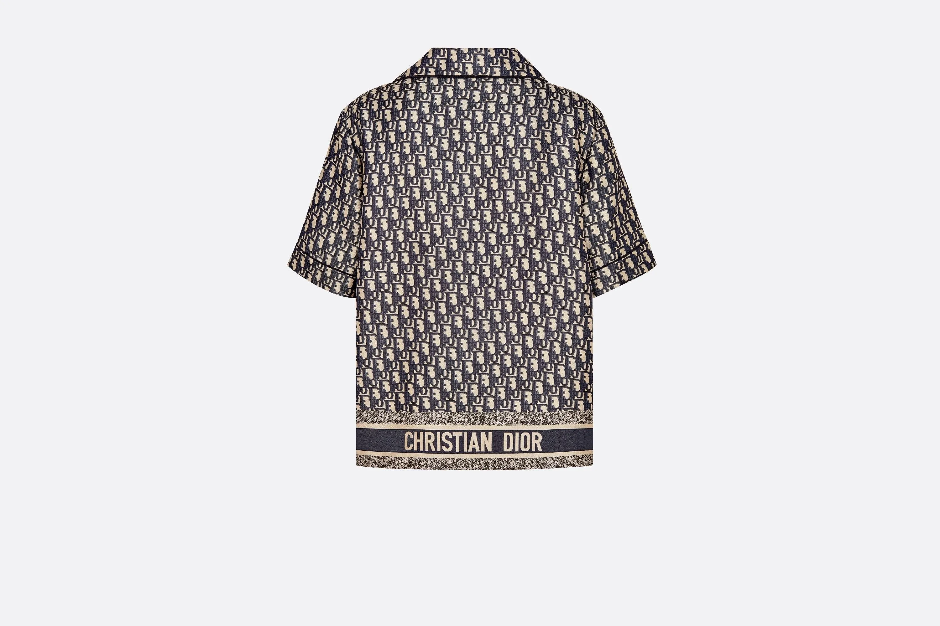 Short-Sleeved Pajama Jacket • Navy Blue and White Silk Twill with Dior Oblique Motif