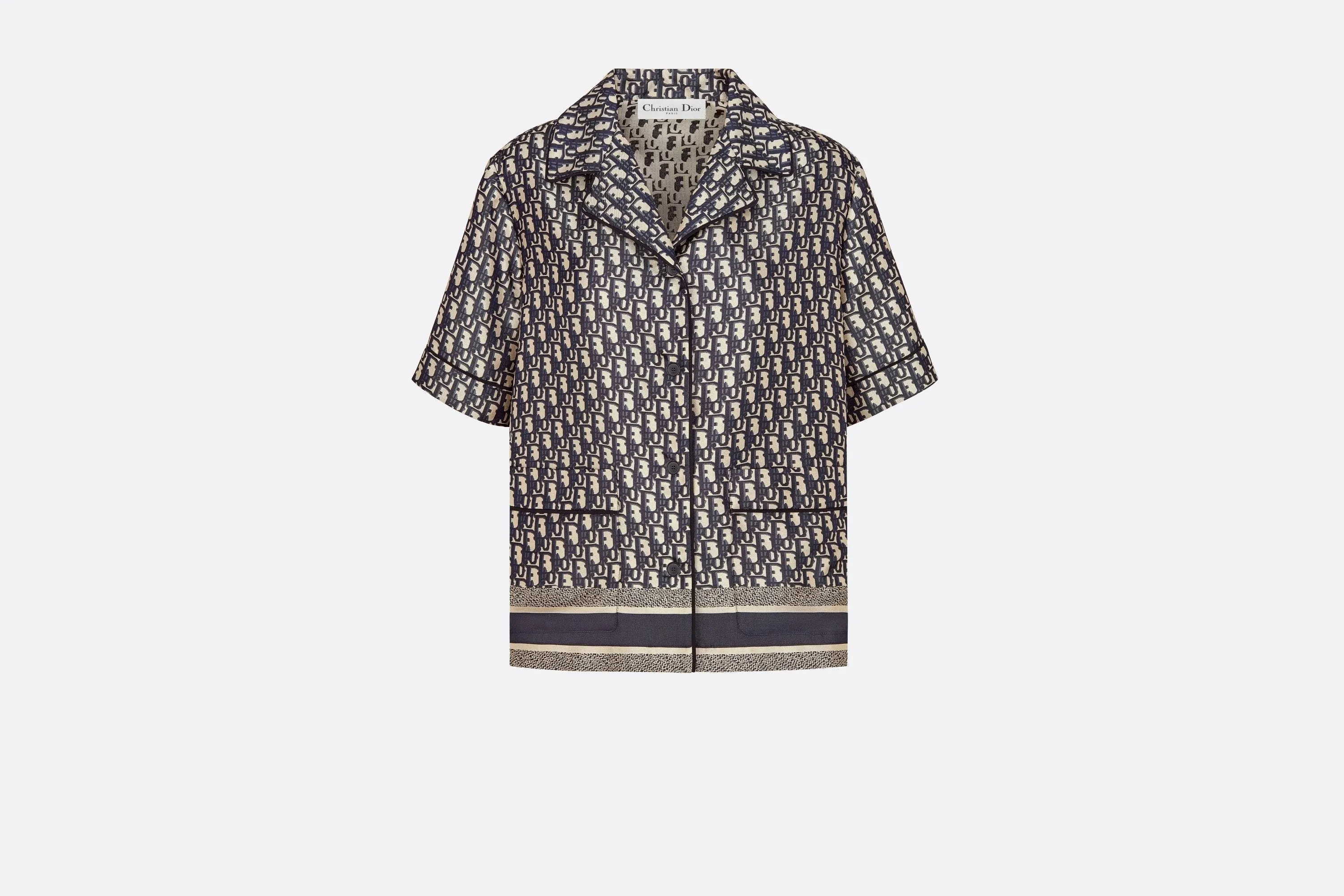 Short-Sleeved Pajama Jacket • Navy Blue and White Silk Twill with Dior Oblique Motif