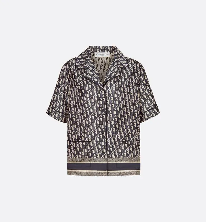 Short-Sleeved Pajama Jacket • Navy Blue and White Silk Twill with Dior Oblique Motif