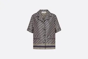 Short-Sleeved Pajama Jacket • Navy Blue and White Silk Twill with Dior Oblique Motif