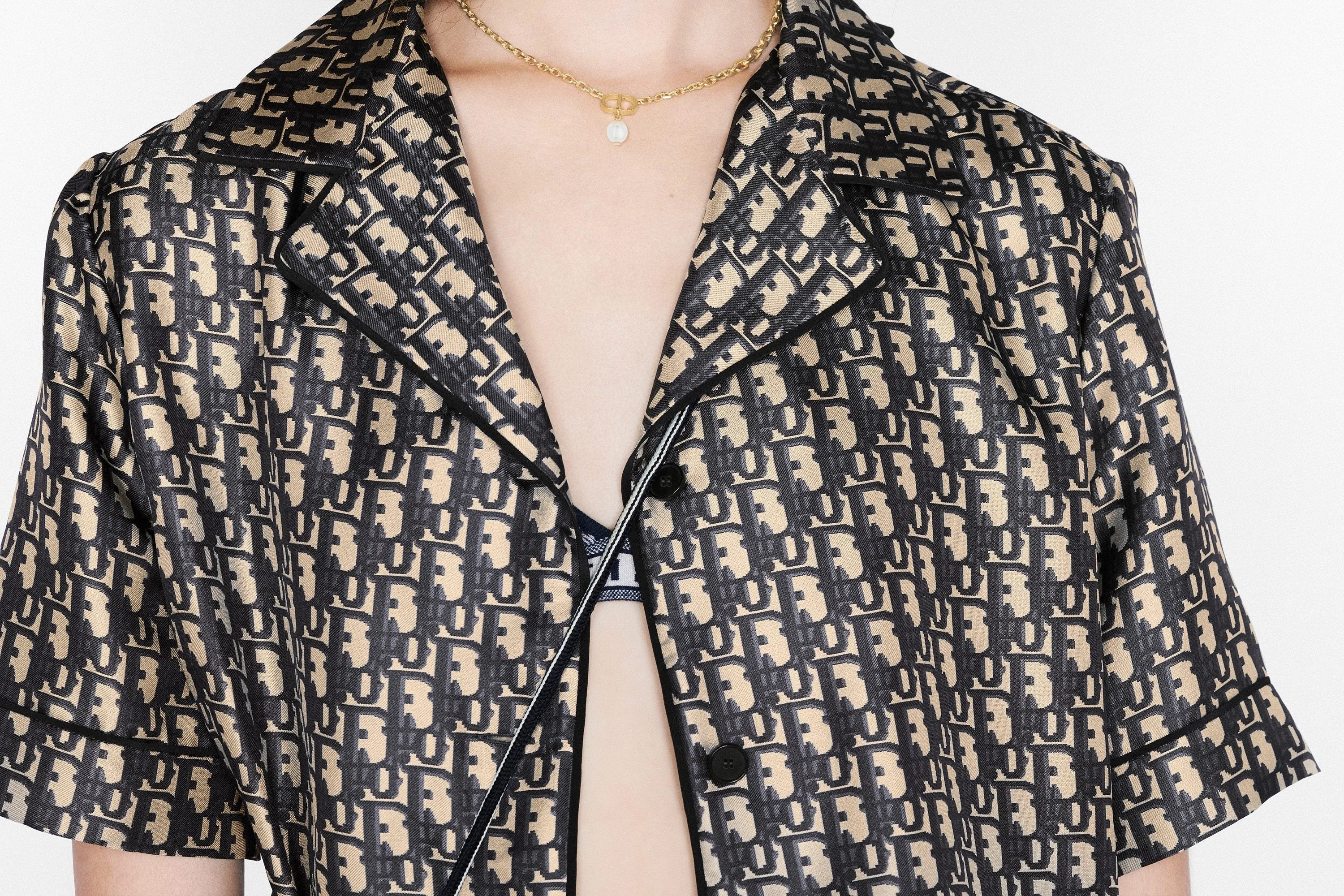Short-Sleeved Pajama Jacket • Navy Blue and White Silk Twill with Dior Oblique Motif