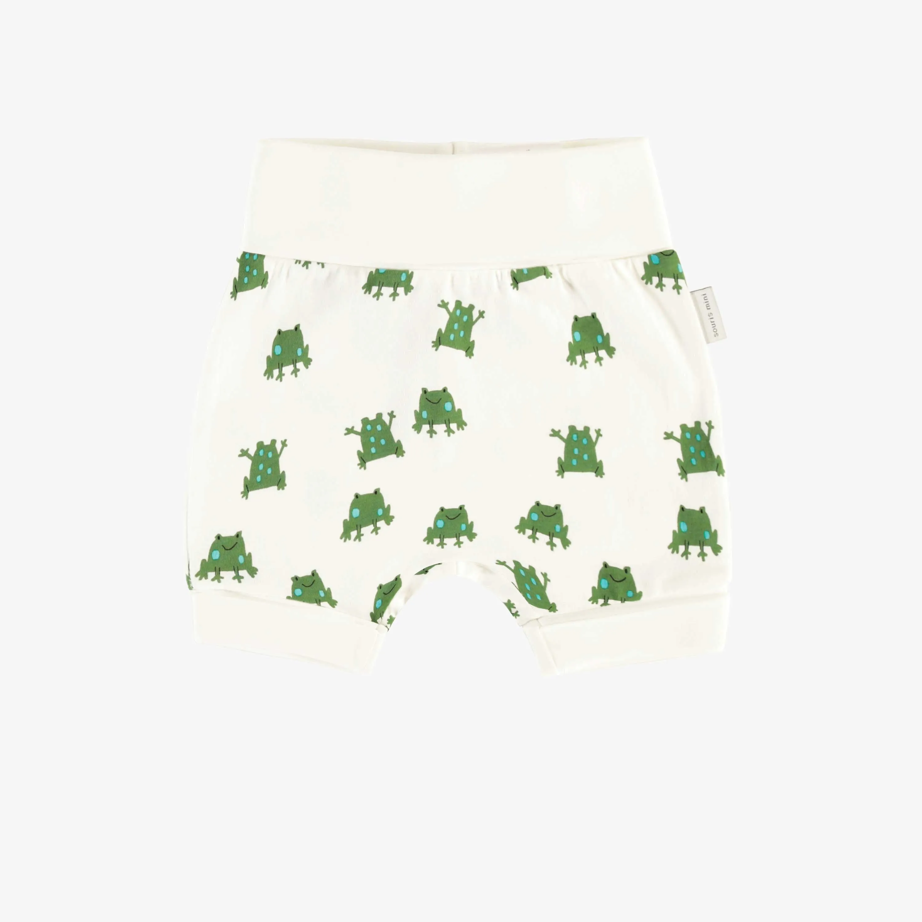 Short évolutif crème avec un motif de grenouilles vertes en jersey doux, bébé || Cream evolutive shorts with green frog all over print in soft jersey, baby