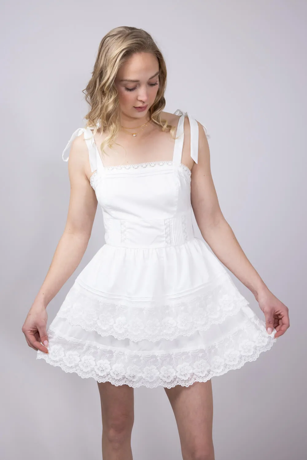 Shoulder Tie Tiered Mini Dress for Women in Off White | A3412-OFFWHITE