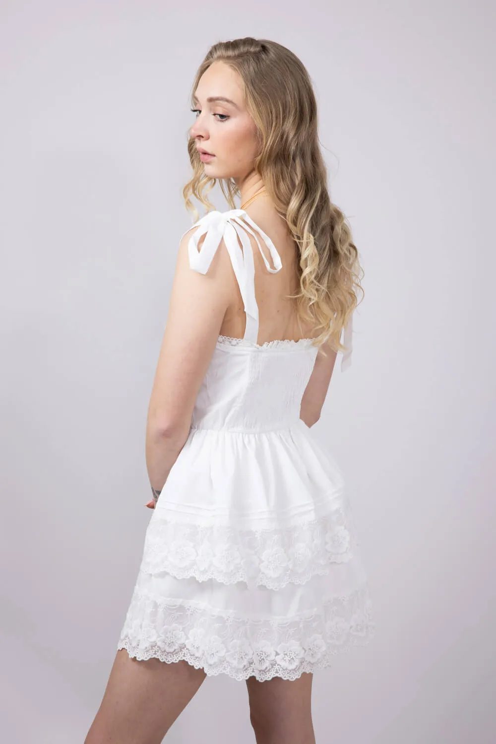 Shoulder Tie Tiered Mini Dress for Women in Off White | A3412-OFFWHITE