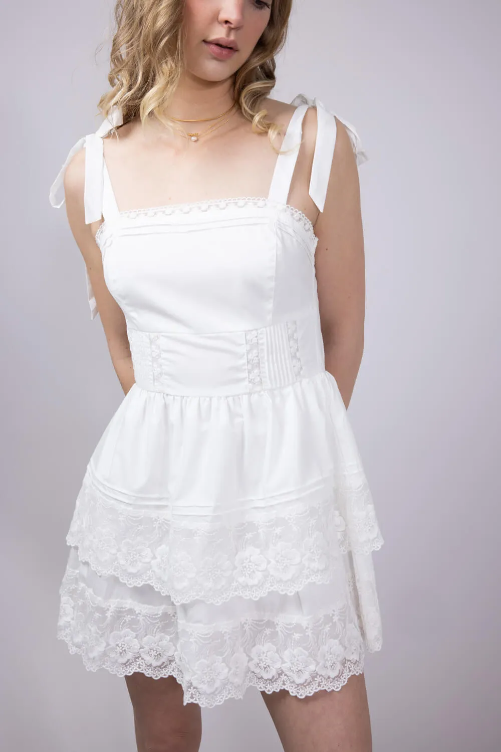 Shoulder Tie Tiered Mini Dress for Women in Off White | A3412-OFFWHITE