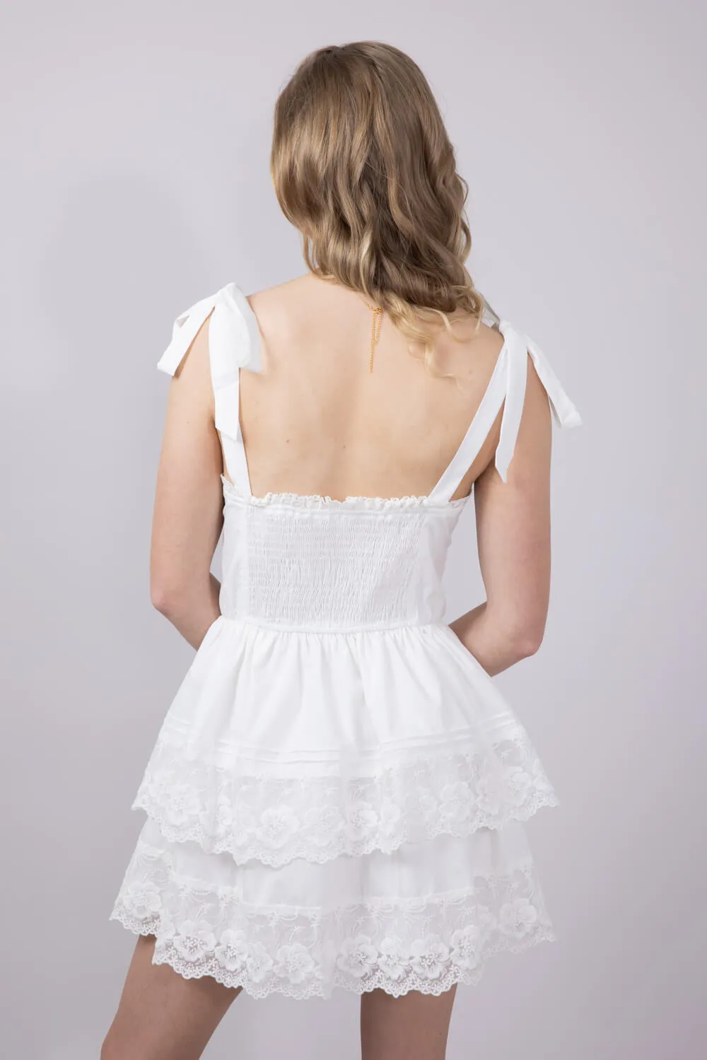 Shoulder Tie Tiered Mini Dress for Women in Off White | A3412-OFFWHITE