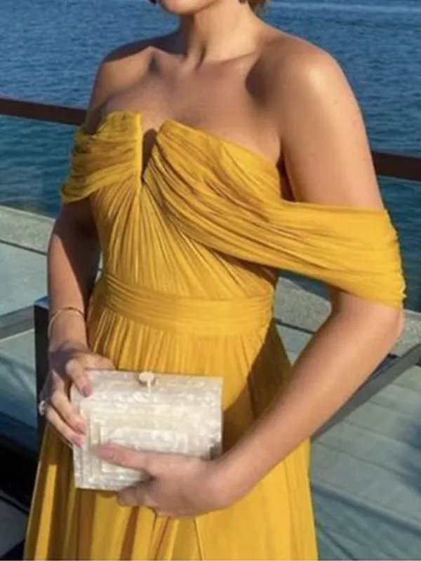 Simple Off-shoulder Sleeveless A-line Satin Long Evening Prom Dresses Online, OLP730