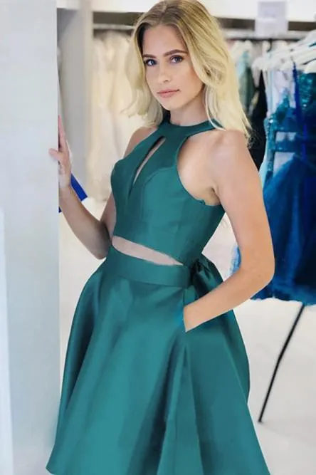 Simple Round Neck Green Satin A-line Cheap Short Homecoming Dresses, HDS0039