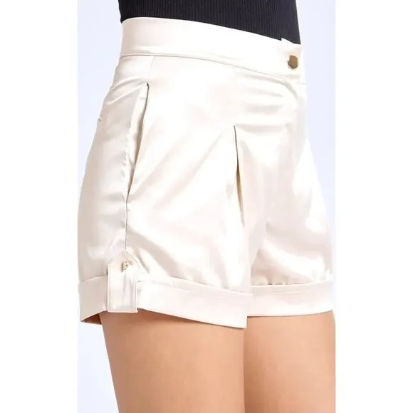 Sixty Ninety Satin Tailored Shorts Recycled Stretch High Waisted Ivory Medium