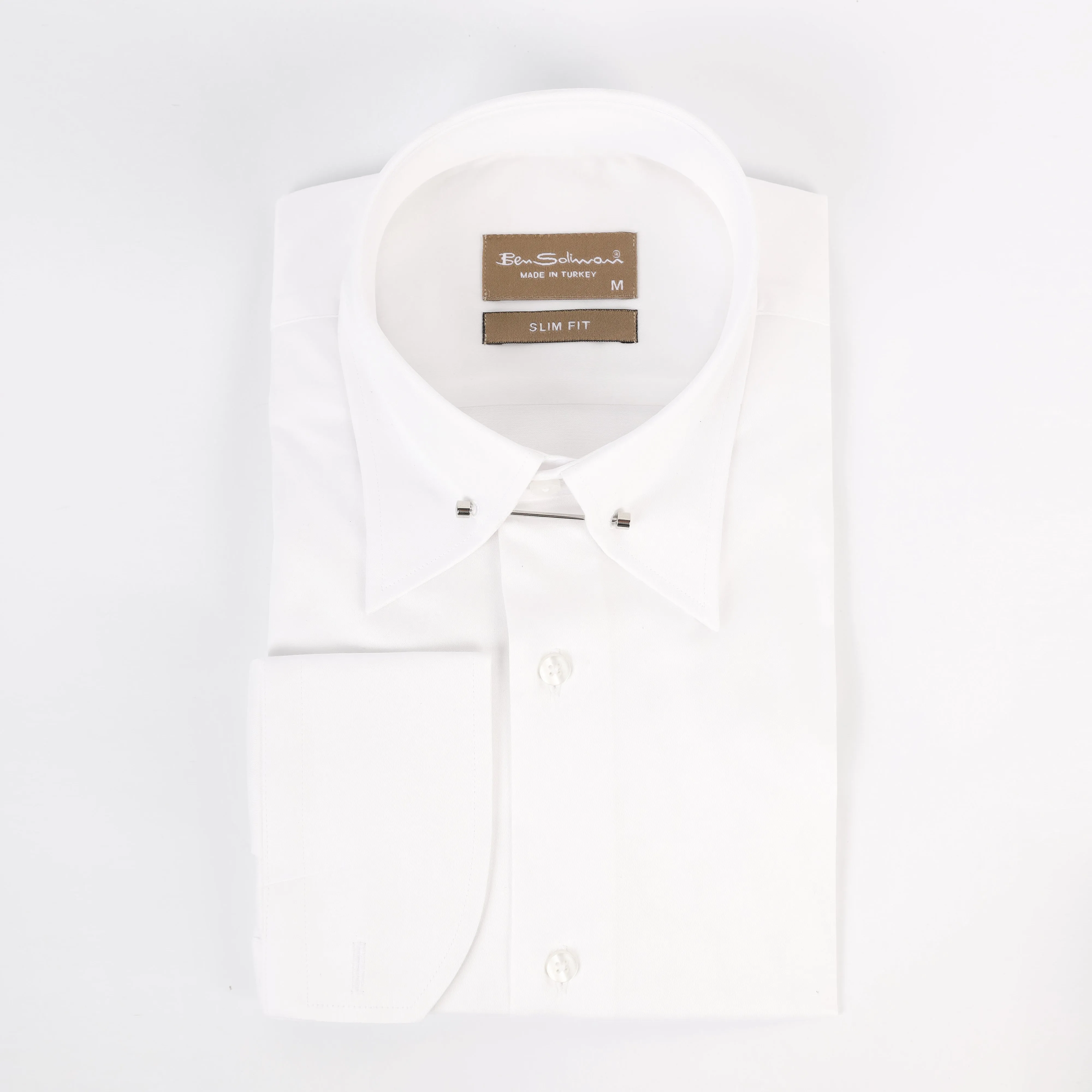 Slim Fit White Cotton Shirt - lapel pin-Turkish Made