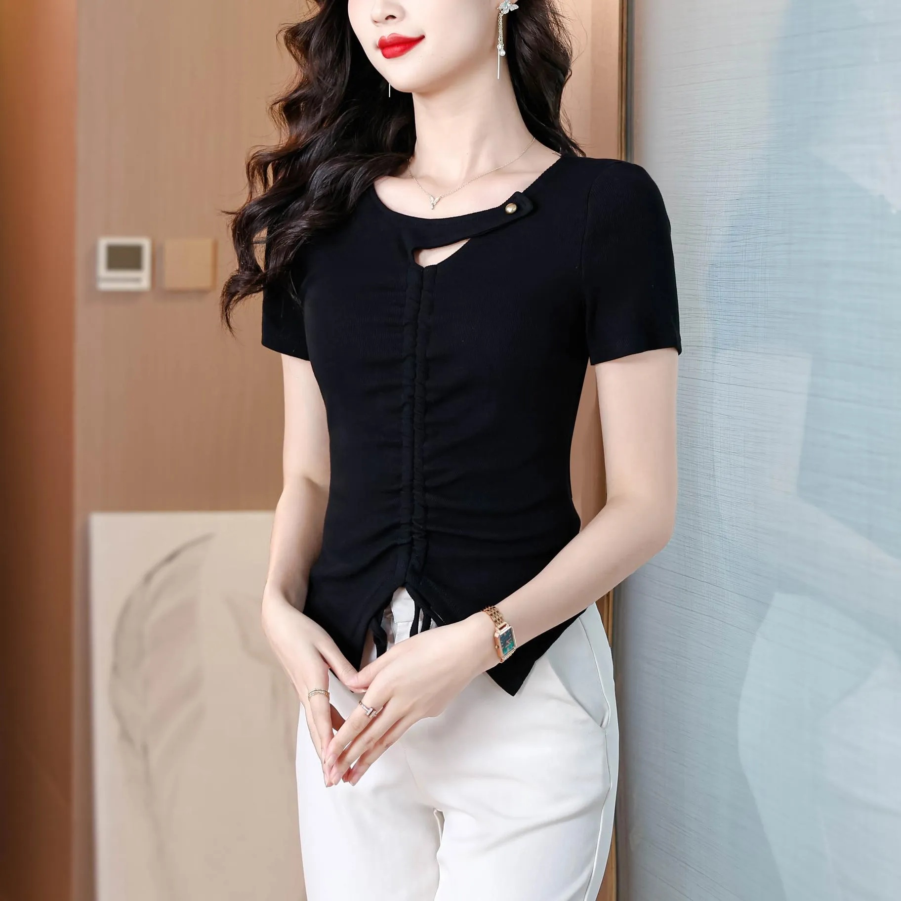 Solid Choker Neckline T-Shirt with Split Thigh for Women