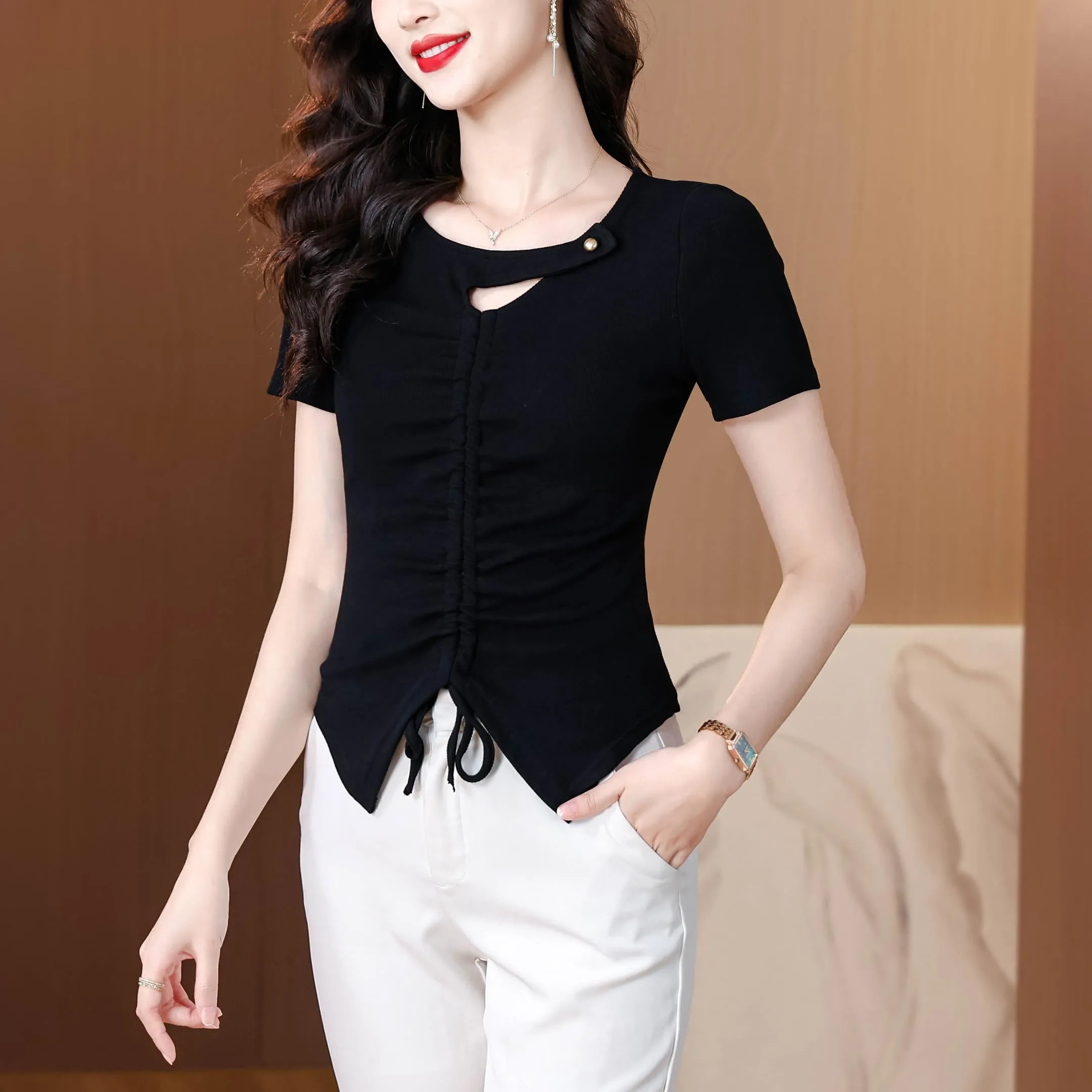 Solid Choker Neckline T-Shirt with Split Thigh for Women