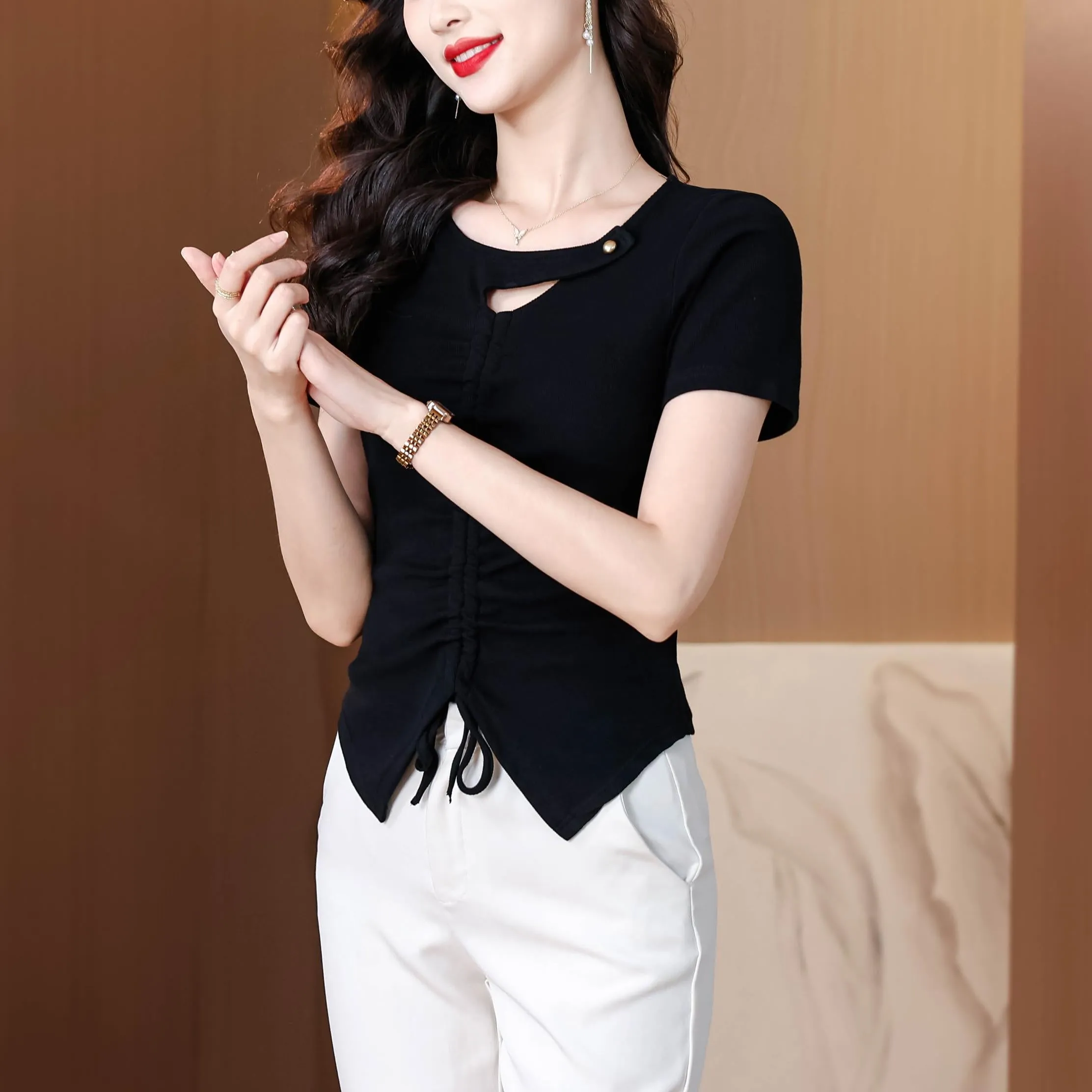 Solid Choker Neckline T-Shirt with Split Thigh for Women