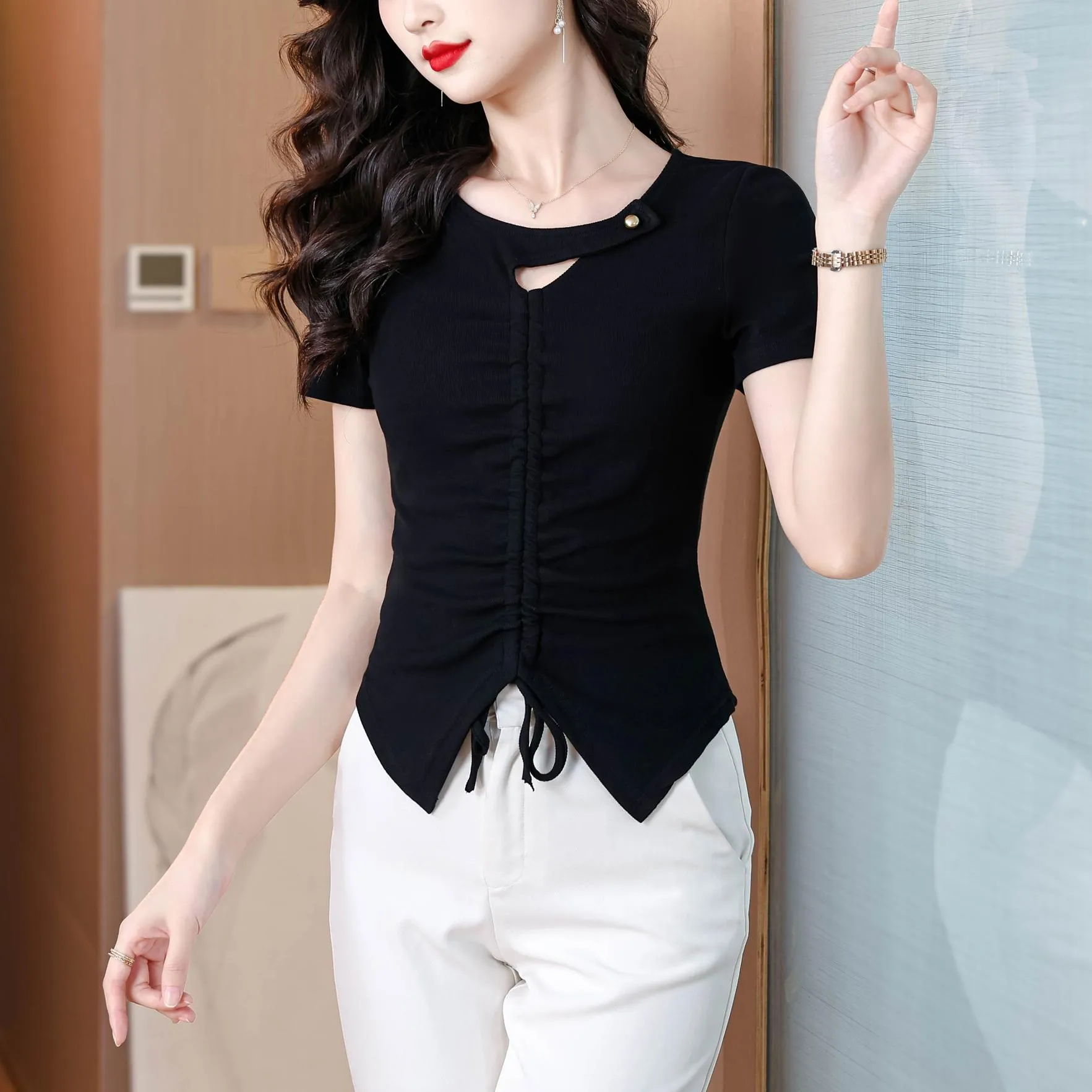 Solid Choker Neckline T-Shirt with Split Thigh for Women