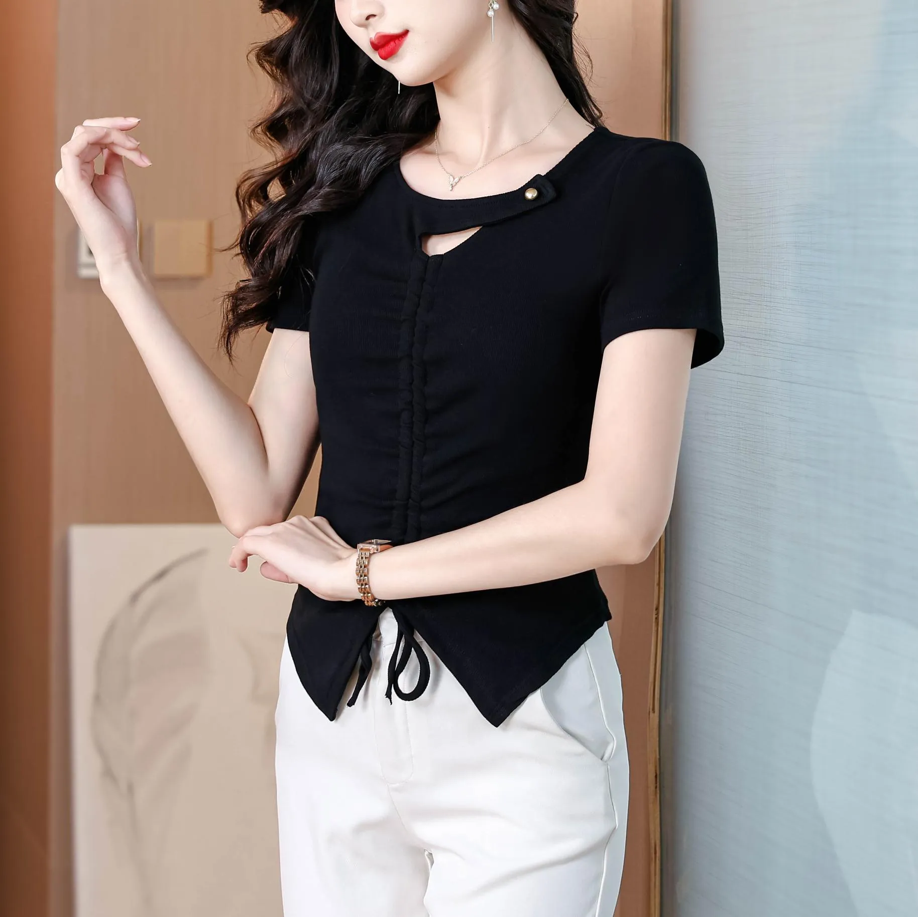 Solid Choker Neckline T-Shirt with Split Thigh for Women