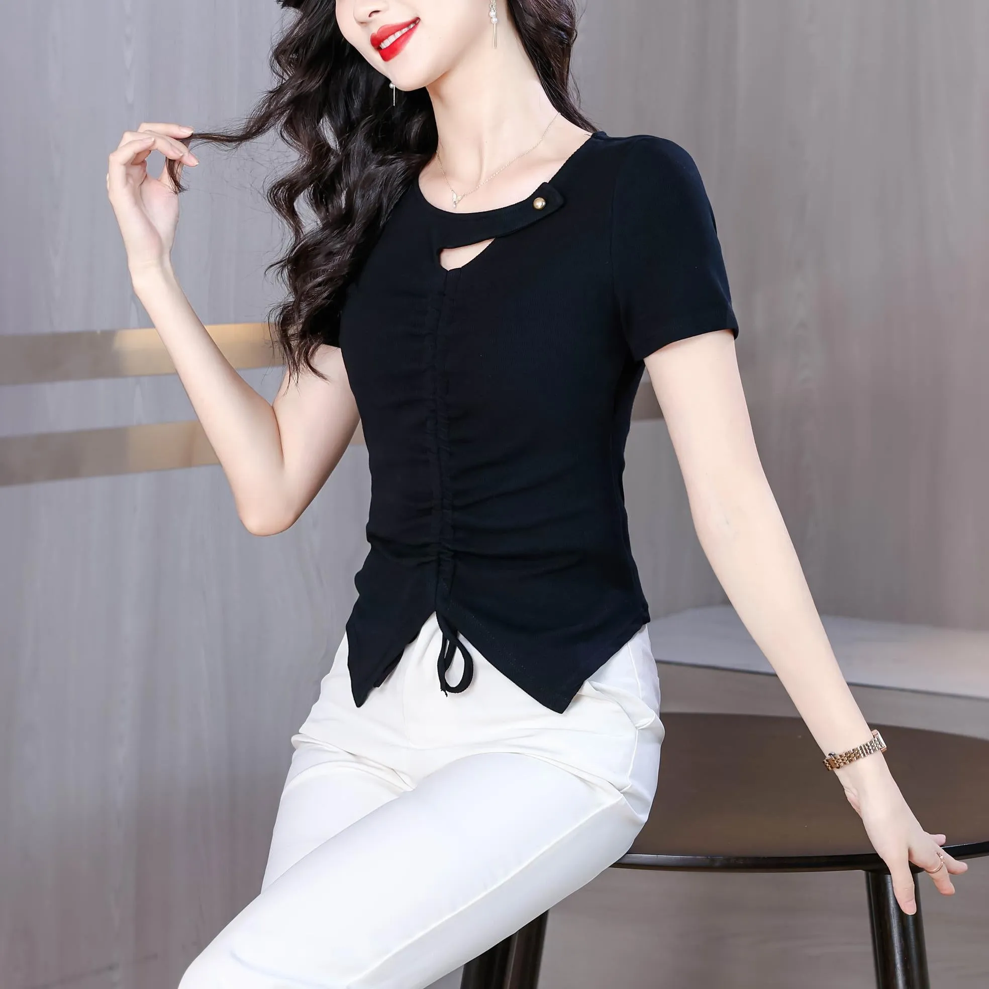 Solid Choker Neckline T-Shirt with Split Thigh for Women