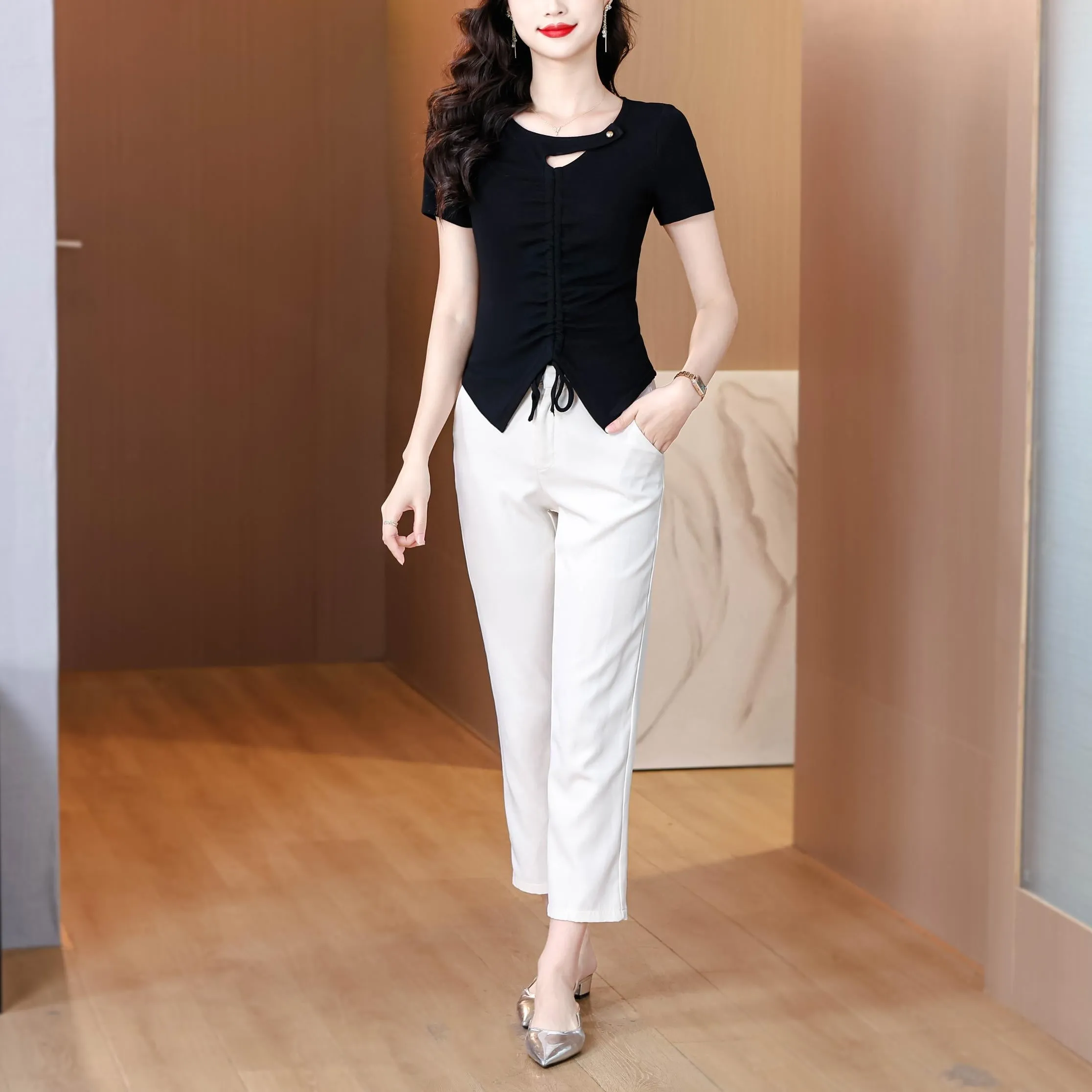 Solid Choker Neckline T-Shirt with Split Thigh for Women