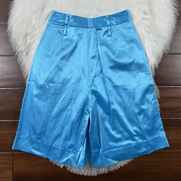 Staud‎ Women's Size 00 Bright Blue Shiny Satin Noah Long Bermuda Shorts