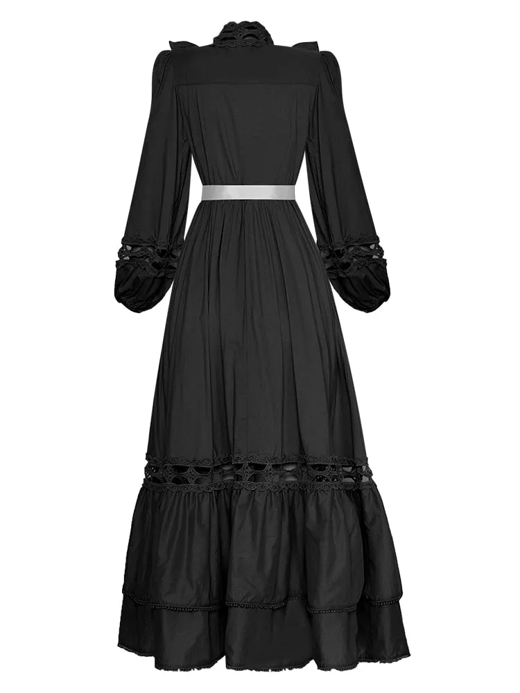 Suzette Lantern sleeve Hollow out High waist Belted Elegant White Dress