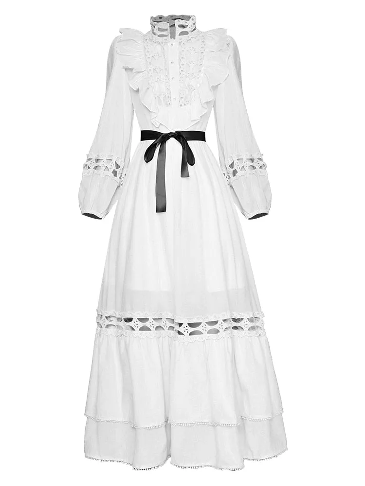 Suzette Lantern sleeve Hollow out High waist Belted Elegant White Dress