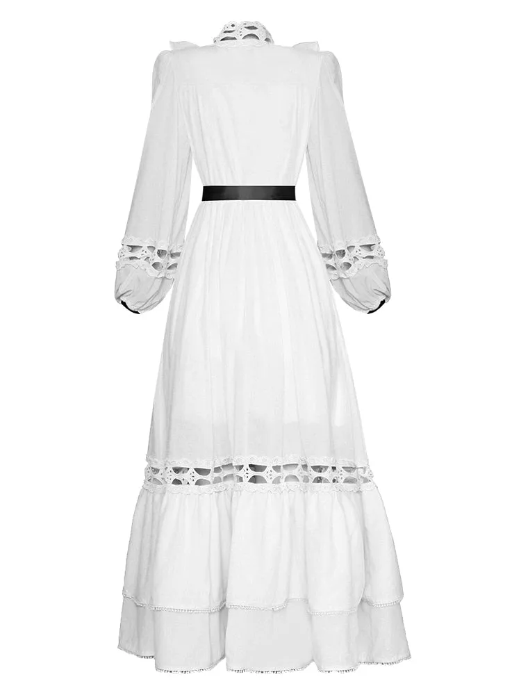 Suzette Lantern sleeve Hollow out High waist Belted Elegant White Dress