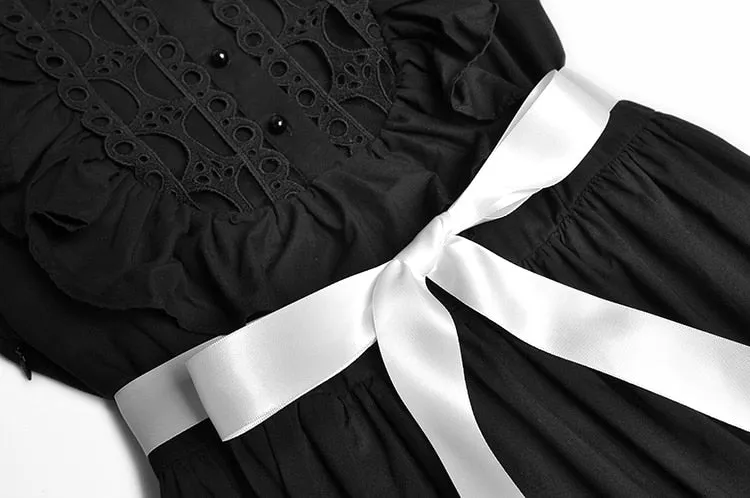 Suzette Lantern sleeve Hollow out High waist Belted Elegant White Dress