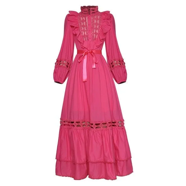 Suzette Lantern sleeve Hollow out High waist Belted Elegant White Dress