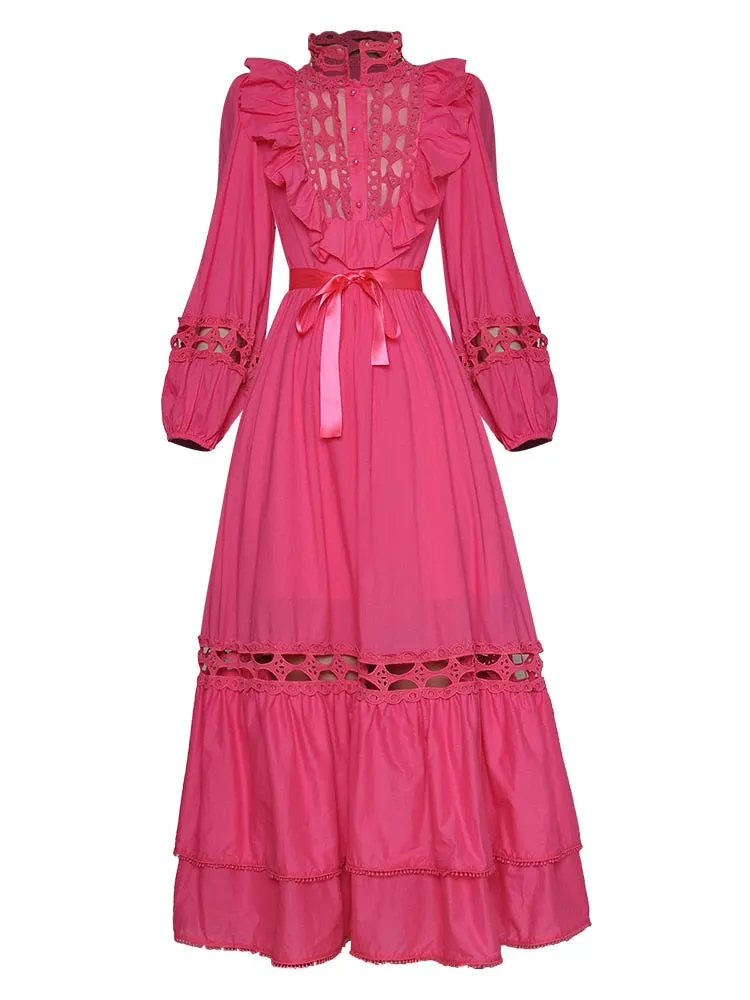 Suzette Lantern sleeve Hollow out High waist Belted Elegant White Dress