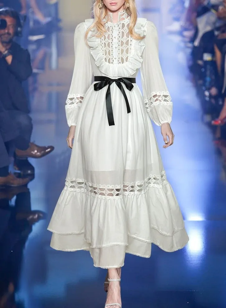 Suzette Lantern sleeve Hollow out High waist Belted Elegant White Dress