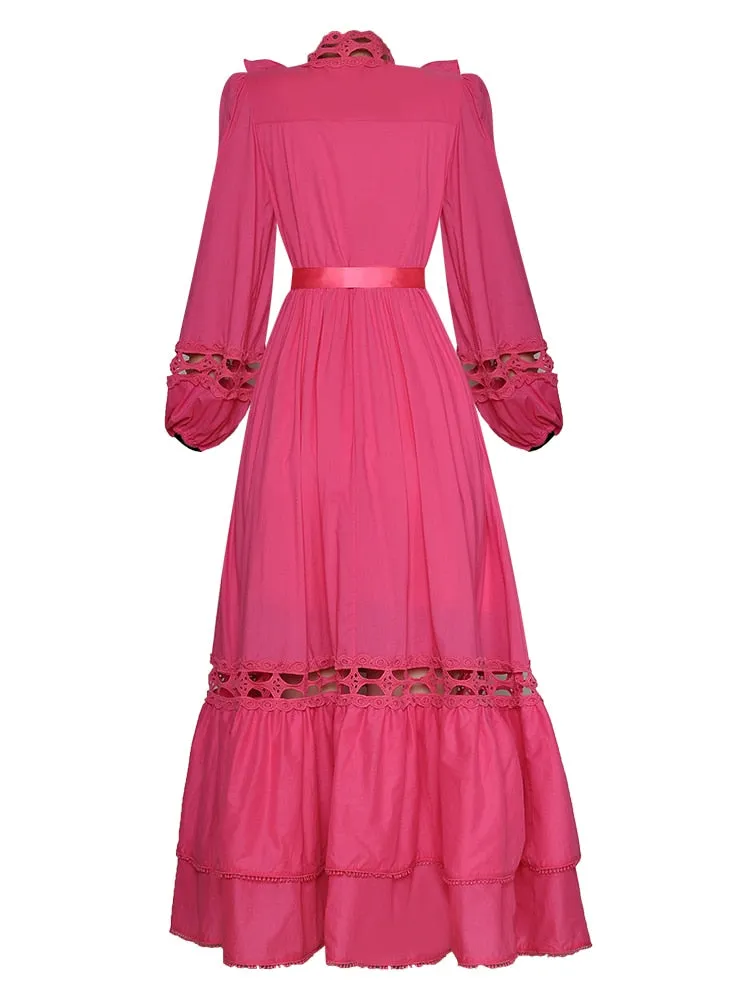 Suzette Lantern sleeve Hollow out High waist Belted Elegant White Dress