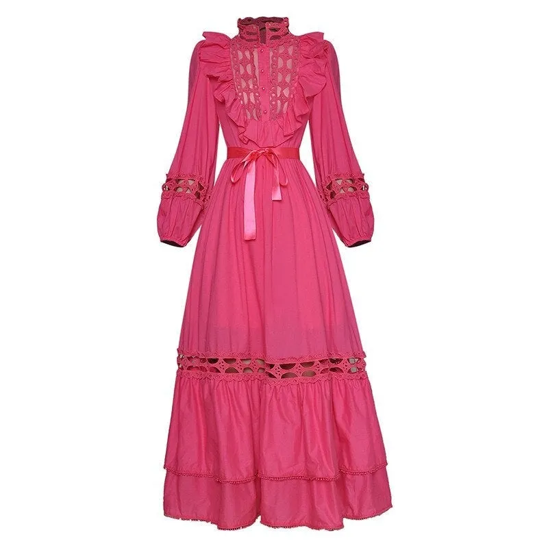 Suzette Lantern sleeve Hollow out High waist Belted Elegant White Dress