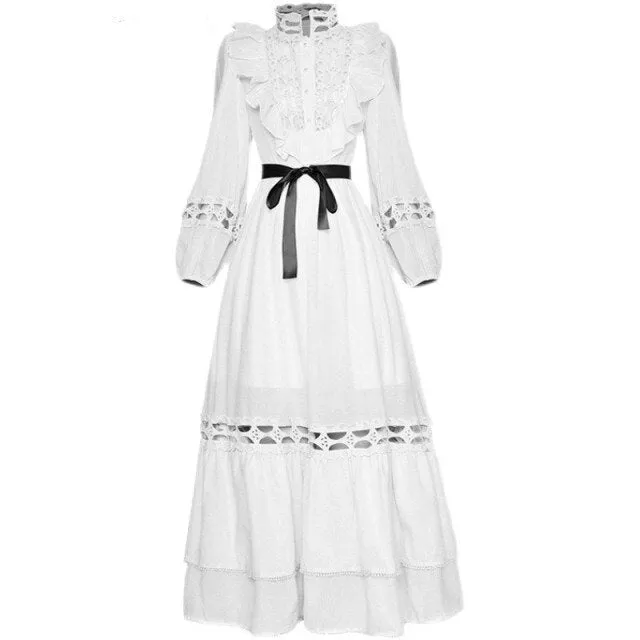 Suzette Lantern sleeve Hollow out High waist Belted Elegant White Dress