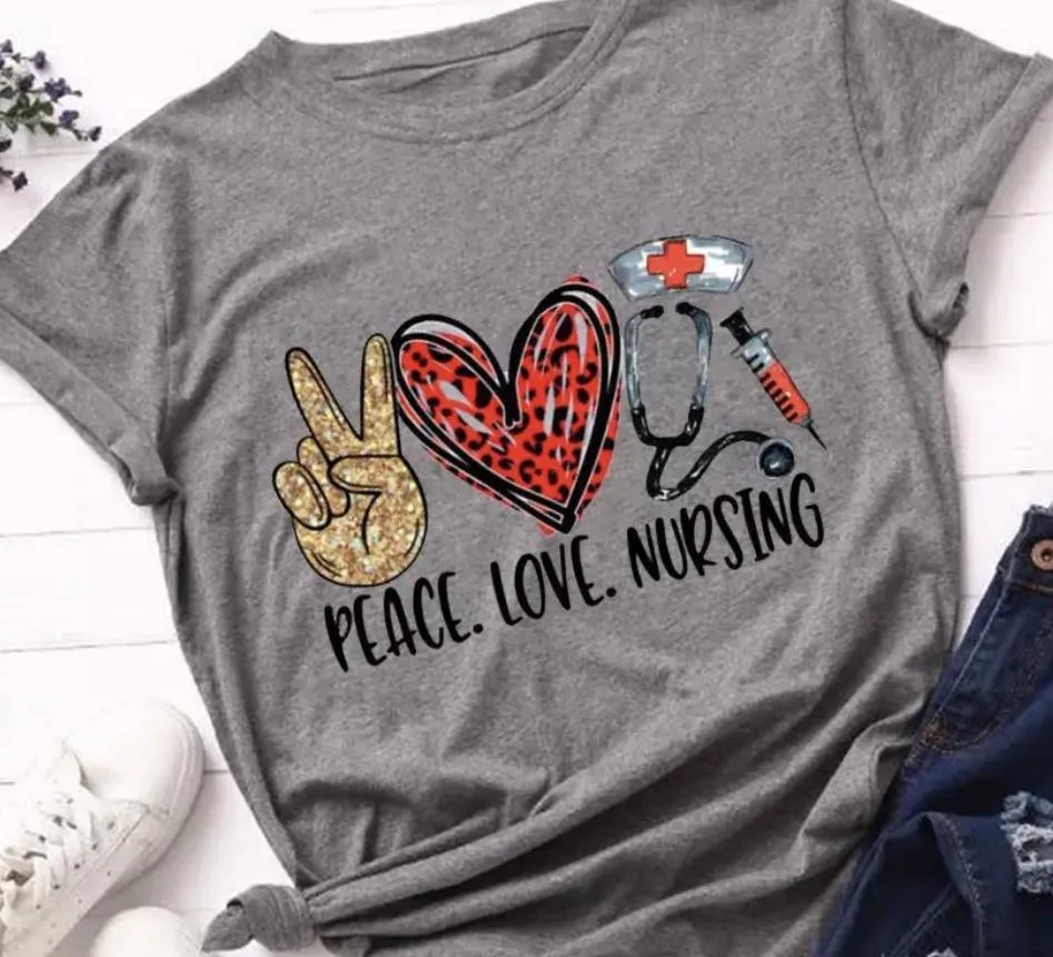 T-shirts Peace Love Coffee Nursing Jeep Music Donuts Gray or white Assorted styles