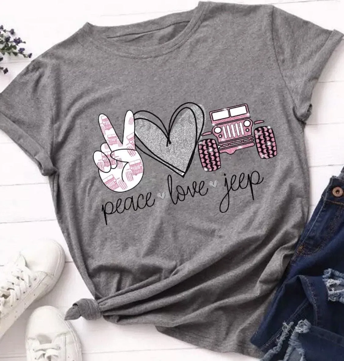 T-shirts Peace Love Coffee Nursing Jeep Music Donuts Gray or white Assorted styles