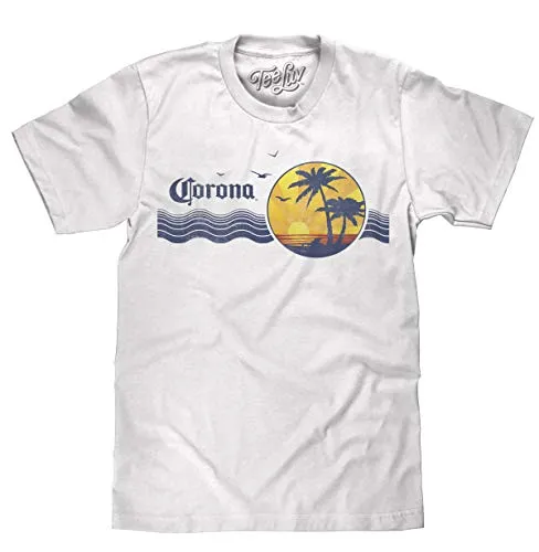 Tee Luv Corona Beer T-Shirt - Retro 80s Faded Palm Tree Shirt (White) (S)