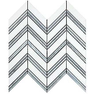 Thassos White Greek Marble Chevron Large (Blue & Gray Strips) Mosaic Tile, Polished
