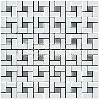 Thassos White Greek Marble Pinwheel Mosaic Tile with Blue & Gray, Polished