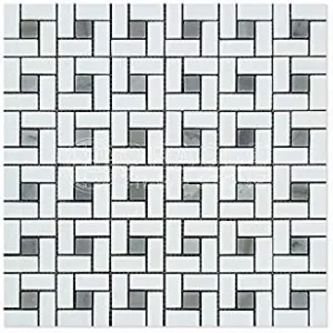 Thassos White Greek Marble Pinwheel Mosaic Tile with Blue & Gray, Polished
