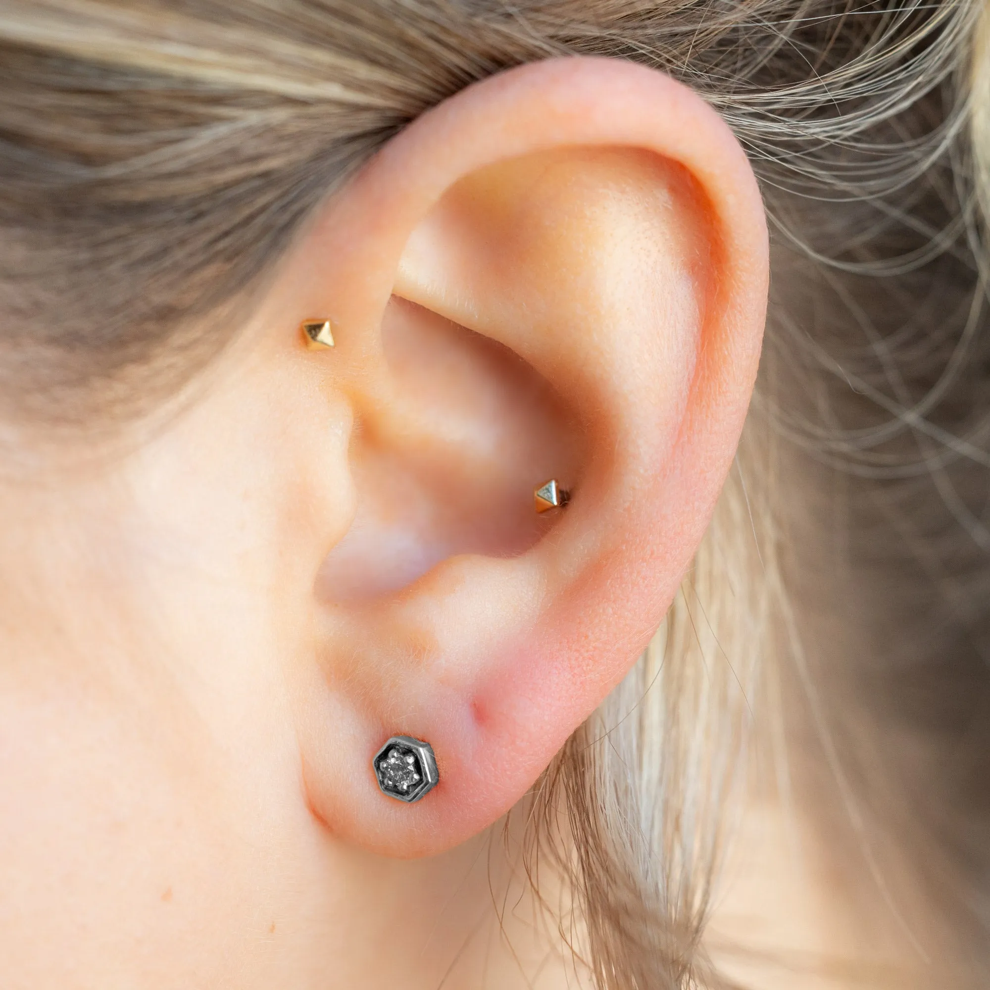 The Galaxy Salt and Pepper Diamond Hexagon Stud Earrings | 14K White Gold