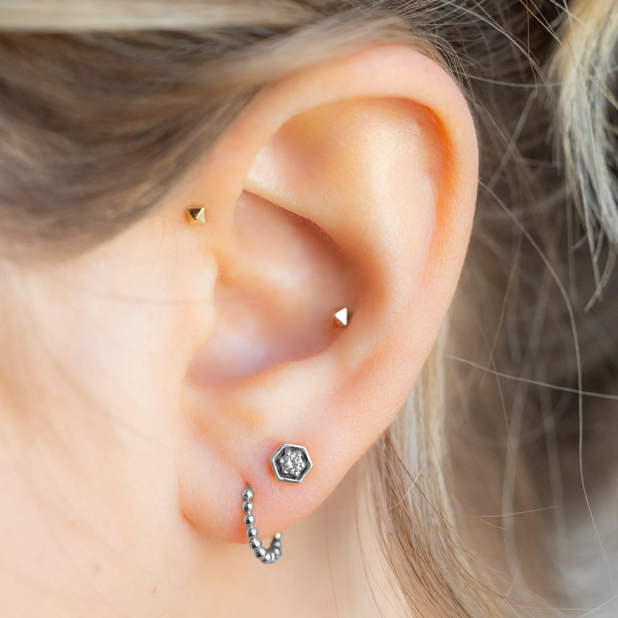 The Galaxy Salt and Pepper Diamond Hexagon Stud Earrings | 14K White Gold