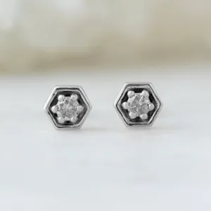 The Galaxy Salt and Pepper Diamond Hexagon Stud Earrings | 14K White Gold