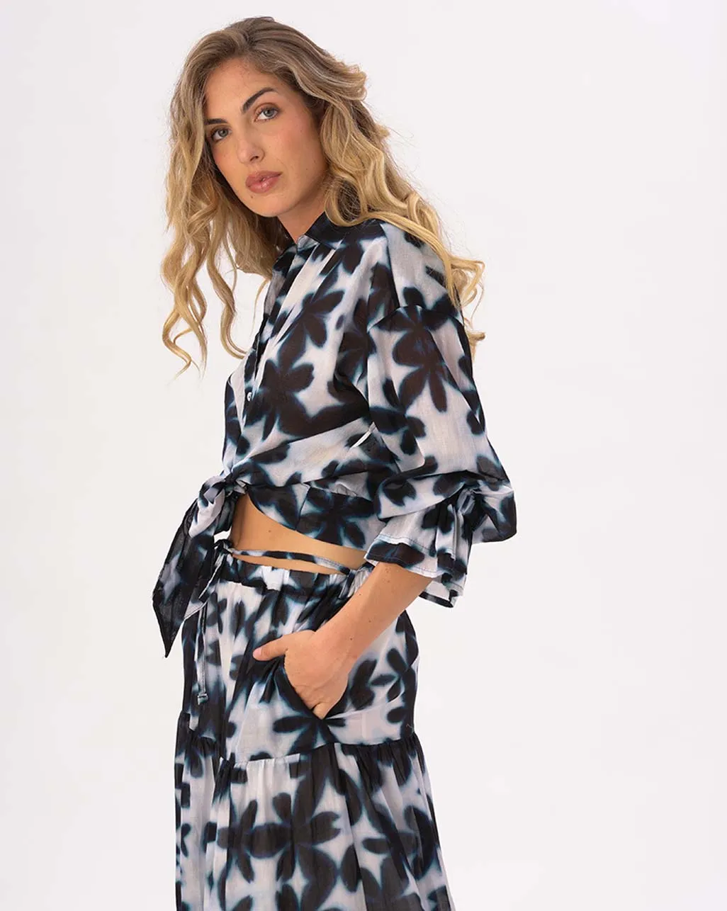 Tie Waist Button Up Watercolor Big Floral Shirt