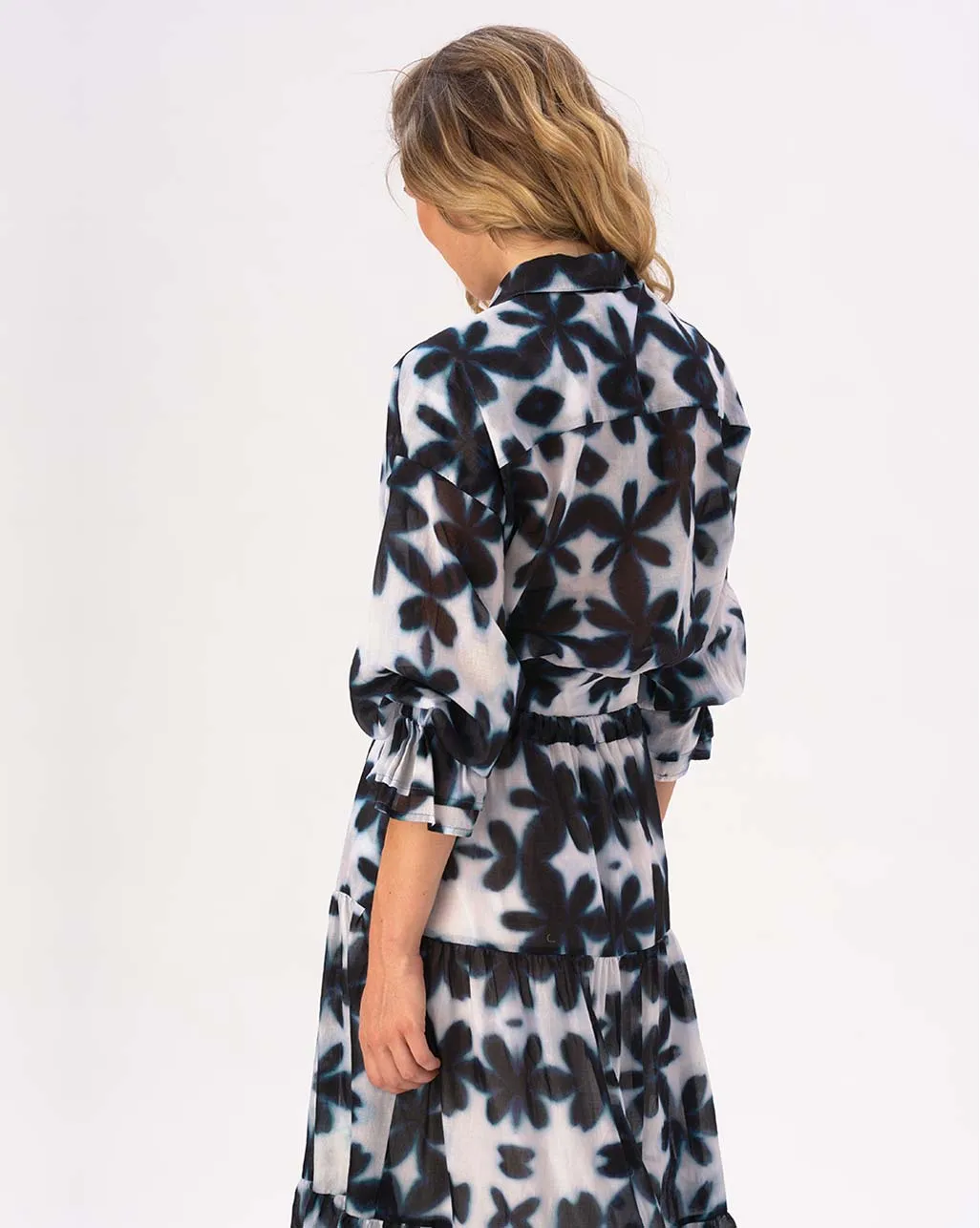 Tie Waist Button Up Watercolor Big Floral Shirt