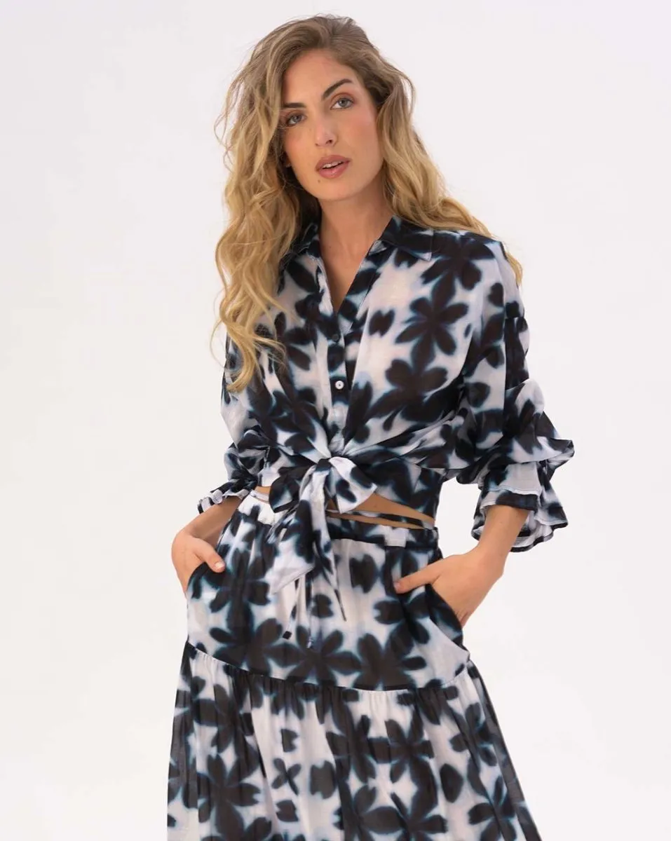 Tie Waist Button Up Watercolor Big Floral Shirt