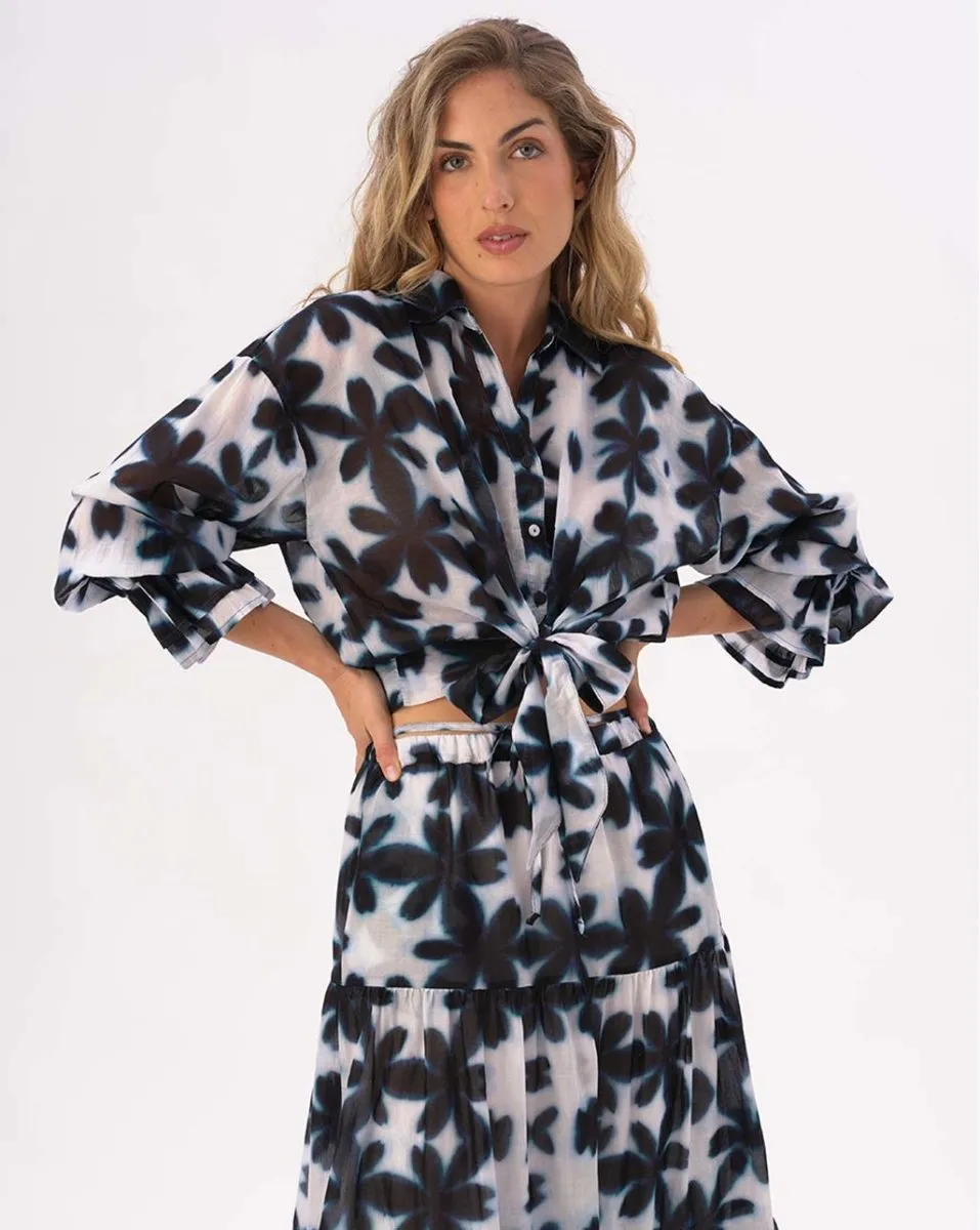 Tie Waist Button Up Watercolor Big Floral Shirt