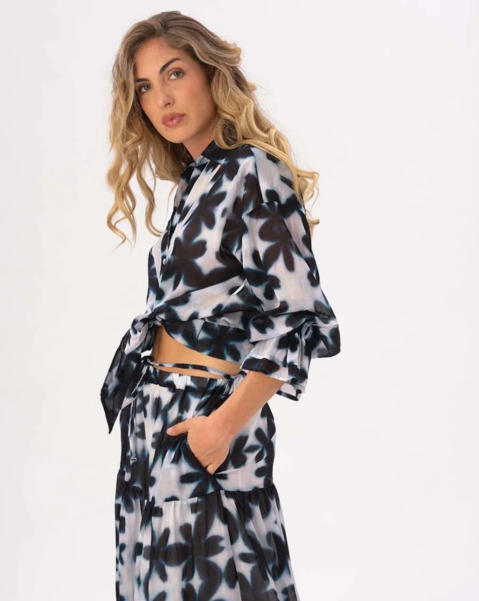 Tie Waist Button Up Watercolor Big Floral Shirt