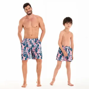 Tropical Flair Father and Son Matching Swim Trunks  Flamingo and Foliage Print