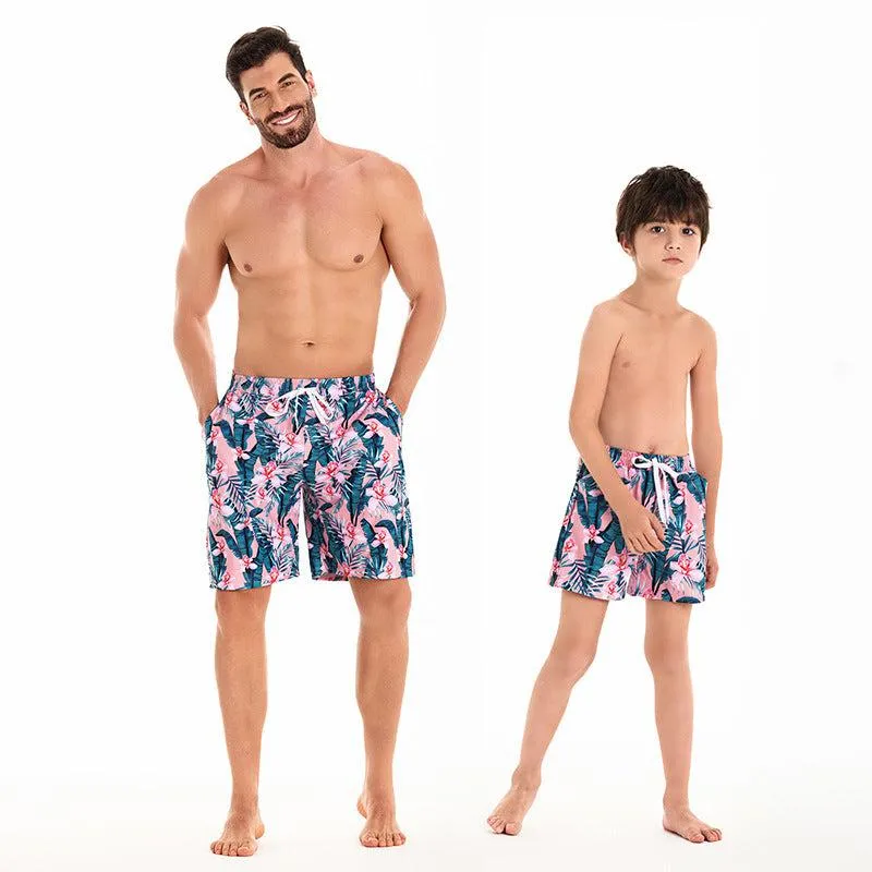 Tropical Flair Father and Son Matching Swim Trunks  Flamingo and Foliage Print