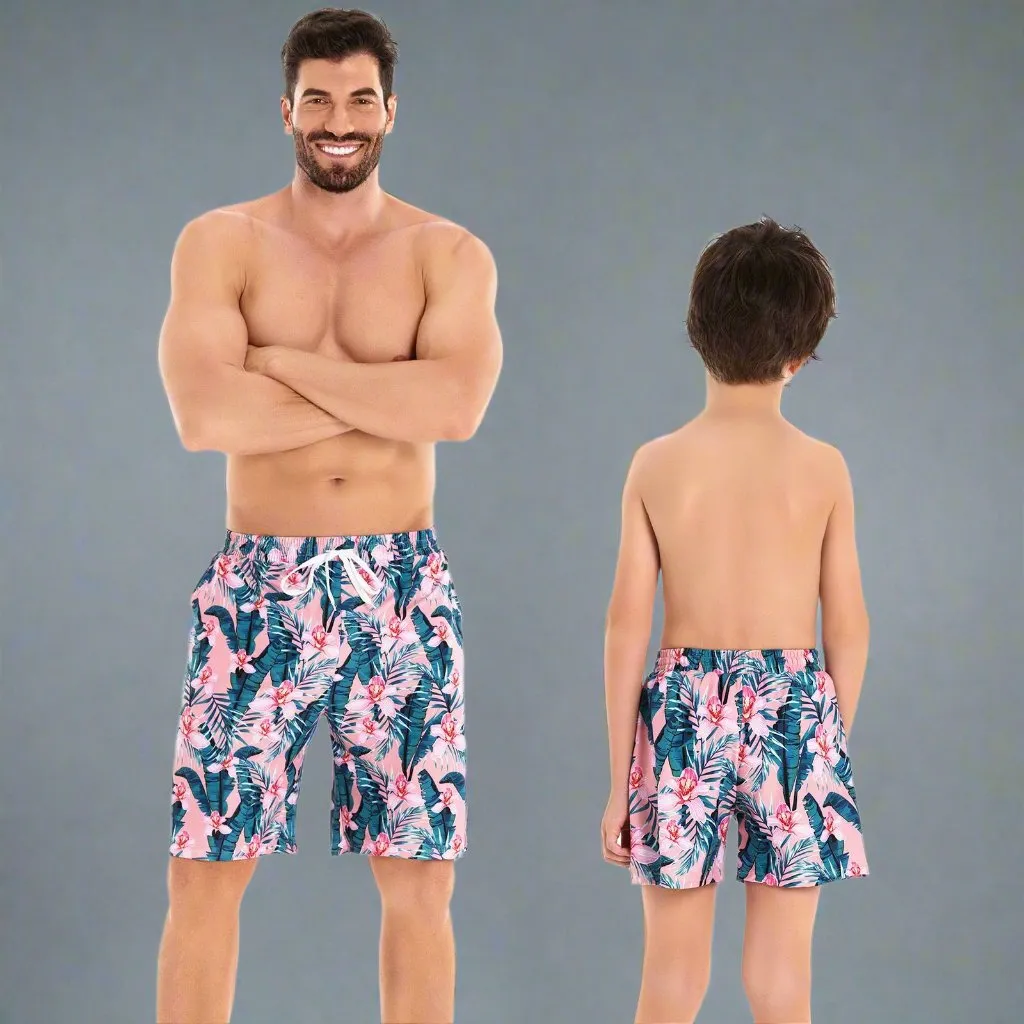 Tropical Flair Father and Son Matching Swim Trunks  Flamingo and Foliage Print
